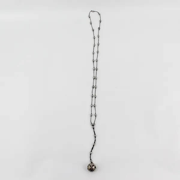 Silver-Tone Ball Pendant Beaded Station Necklace Black Cord 21.5"