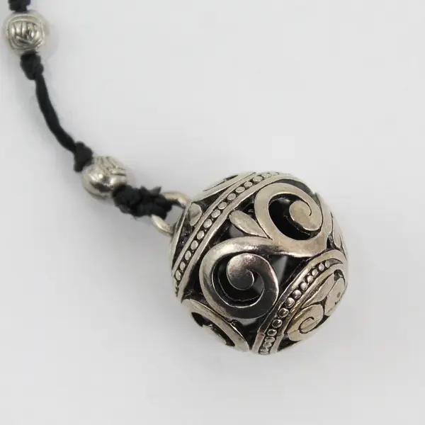 Silver-Tone Ball Pendant Beaded Station Necklace Black Cord 21.5"
