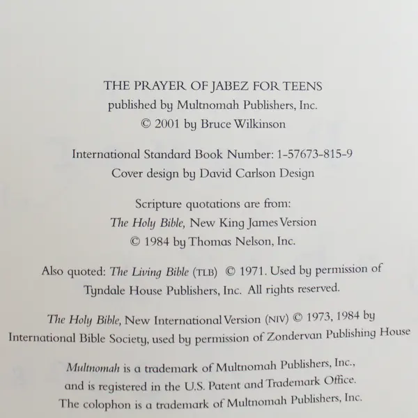 The Prayer Of Jabez For Teens by Bruce Wilkinson Hardcover 2001 Multnomah