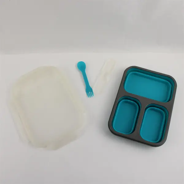 Blue Collapsible 3-Compartment Food Storage Container w/ Fork Spoon