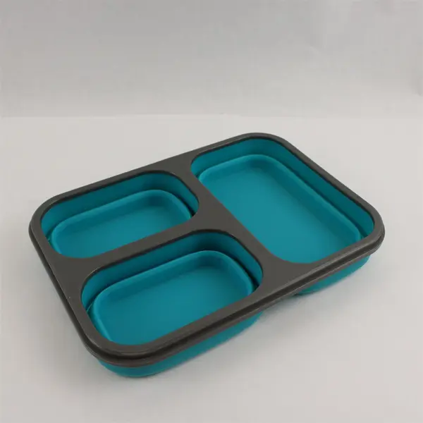 Blue Collapsible 3-Compartment Food Storage Container w/ Fork Spoon