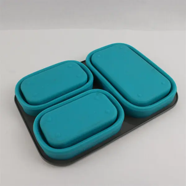 Blue Collapsible 3-Compartment Food Storage Container w/ Fork Spoon