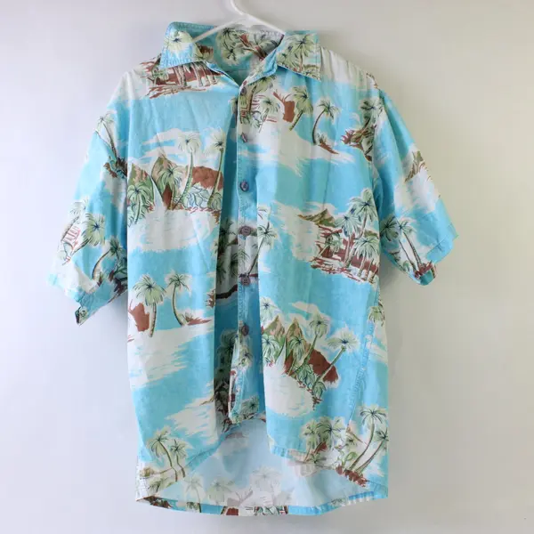 Men's Hawaiian Beach Graphic Button-Up Cotton Shirt Estimated Size Large