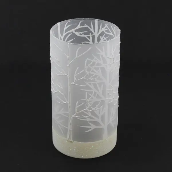 Two's Company Frosted Glass Candle Holder White Deer Trees 