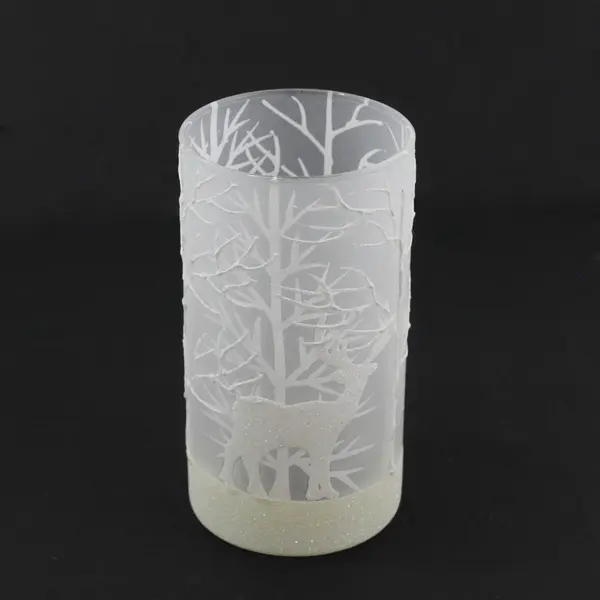 Two's Company Frosted Glass Candle Holder White Deer Trees 