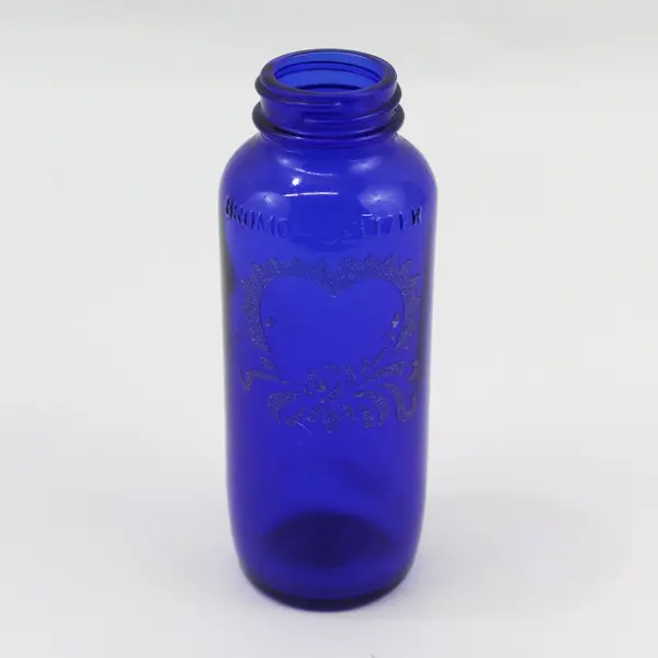 Vtg Bromo Seltzer Empty Cobalt Blue Bottle With Etched Heart Rose And Ribbon 6"