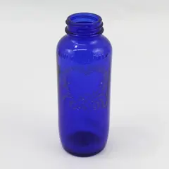 Vtg Bromo Seltzer Empty Cobalt Blue Bottle With Etched Heart Rose And Ribbon 6"