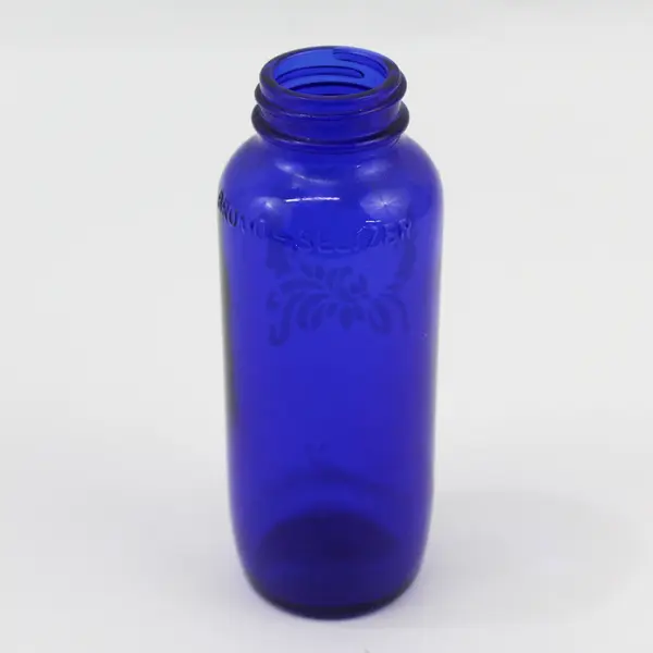 Vtg Bromo Seltzer Empty Cobalt Blue Bottle With Etched Heart Rose And Ribbon 6"