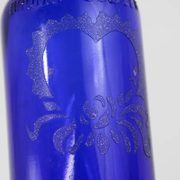 Vtg Bromo Seltzer Empty Cobalt Blue Bottle With Etched Heart Rose And Ribbon 6"