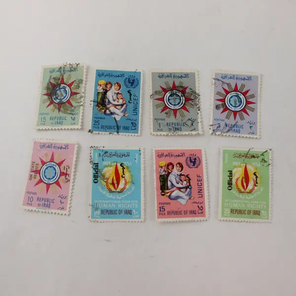 Lot Of 8 Iraq Stamps Mixed 1950s-1960s Used Human Rights State Emblem UNICEF
