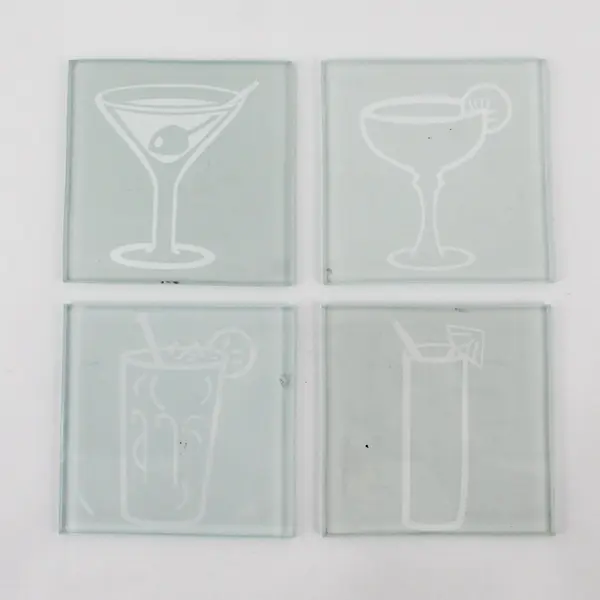 Frosted Glass Coasters Modern Graphic Cocktail Design Set of 4 