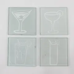 Frosted Glass Coasters Modern Graphic Cocktail Design Set of 4 