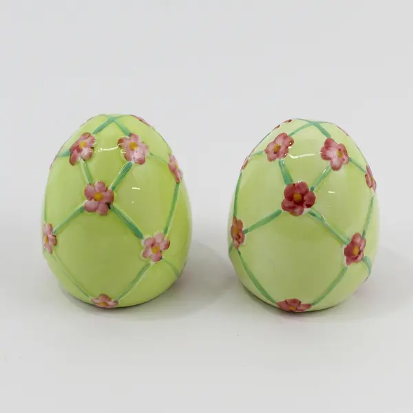 Set of 2 Ceramic Easter Eggs In Yellow With Pink Flowers