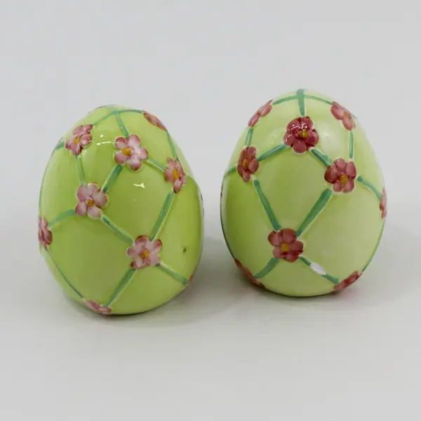 Set of 2 Ceramic Easter Eggs In Yellow With Pink Flowers