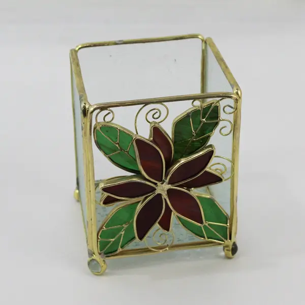 Gold Tone Metal Stained Glass Red Flower Candle Holder 5"