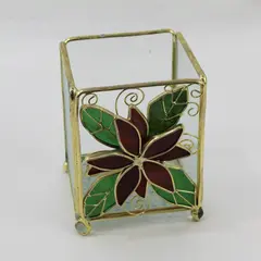 Gold Tone Metal Stained Glass Red Flower Candle Holder 5"