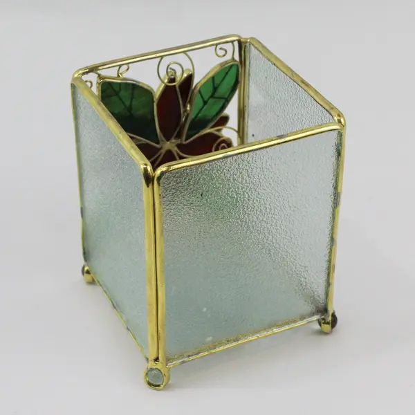 Gold Tone Metal Stained Glass Red Flower Candle Holder 5"