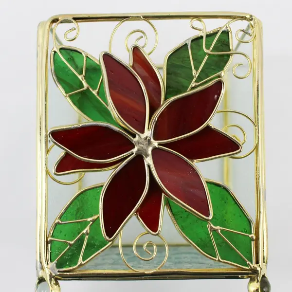 Gold Tone Metal Stained Glass Red Flower Candle Holder 5"