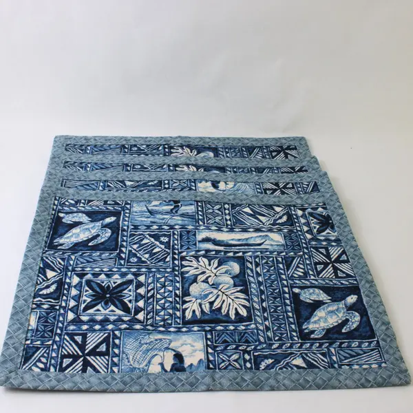 Set of 4 Tropical Hawaiian-Themed Blue Cloth Placemats 13" x 17" FLAW