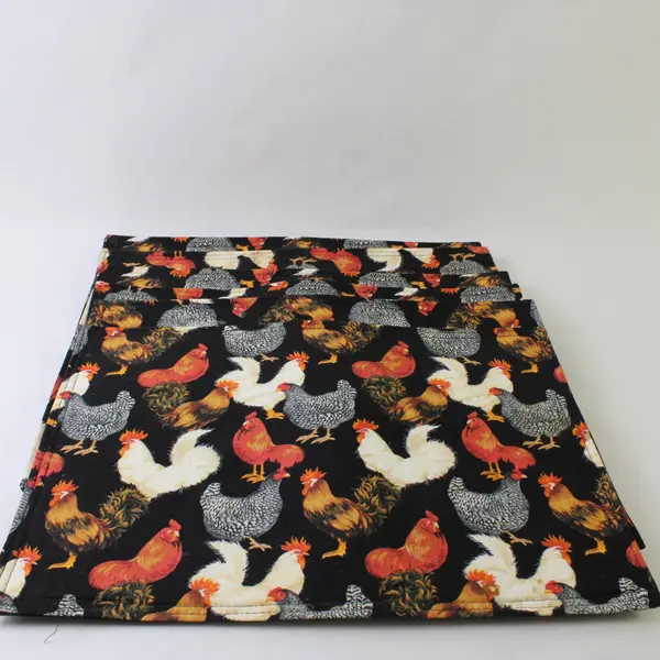 Set of 6 Chicken Pattern Black Placemats 12" x 16.5" FLAWED