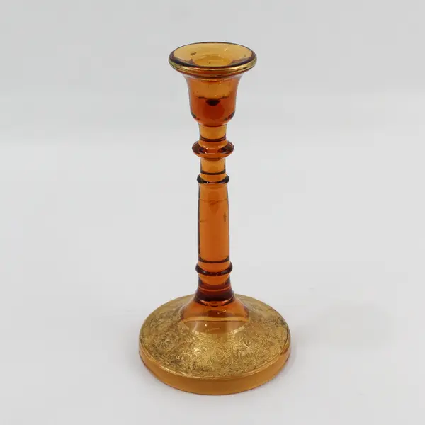 Vintage Amber Glass Taper Candlestick With Gold Tone Trim  9.5"