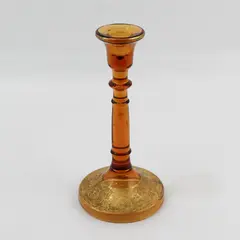 Vintage Amber Glass Taper Candlestick With Gold Tone Trim  9.5"