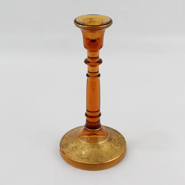 Vintage Amber Glass Taper Candlestick With Gold Tone Trim  9.5"
