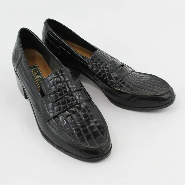 Westies Solid Black Leather Croc-Embossed Heeled Penny Loafers Womens Size 10M