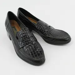 Westies Solid Black Leather Croc-Embossed Heeled Penny Loafers Womens Size 10M