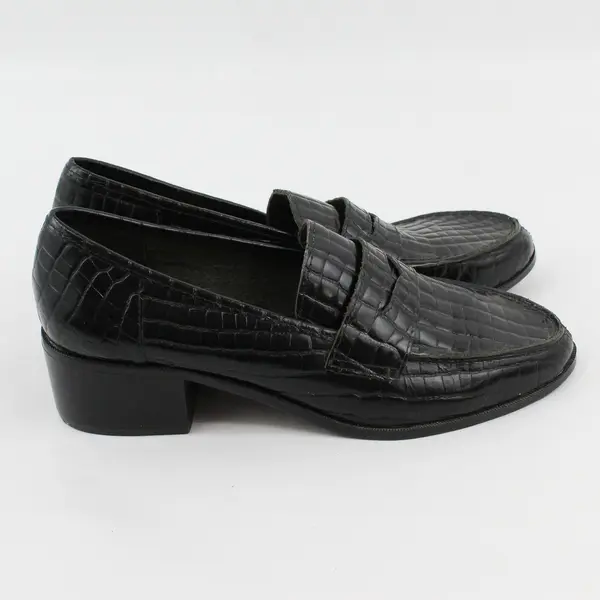 Westies Solid Black Leather Croc-Embossed Heeled Penny Loafers Womens Size 10M