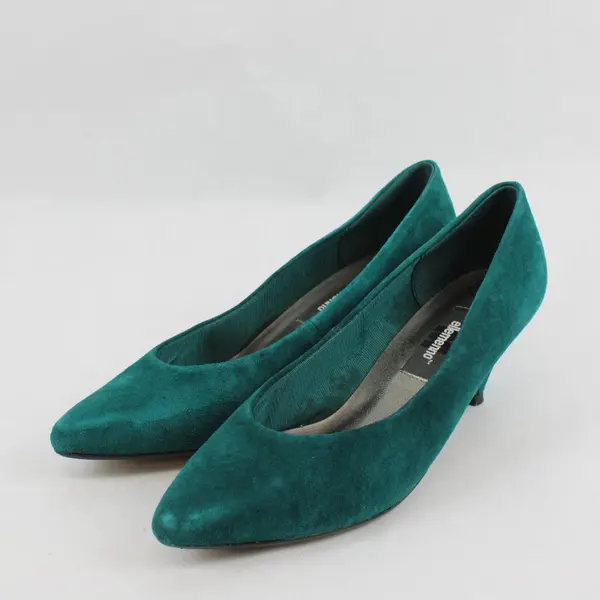 Vintage 90s Ellemenno Women's 8B Teal Suede Leather Pointed Toe 2" Heels