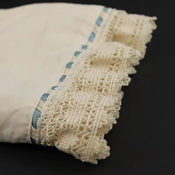 1970s Vintage Curtain Set 2 Panels Matching Valance White Blue Lace Trim