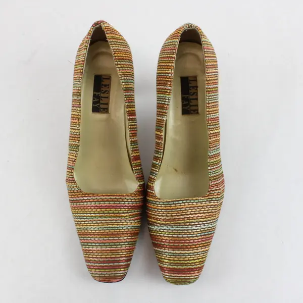 Leslie Fay LF31 Bright Women's 8M Multicolor Woven Striped Rounded Sq Toe Pumps