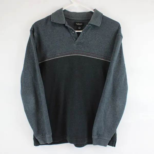 Vtg 90s Van Heusen Men's S Black/Gray Striped Long Sleeve Polo Shirt 