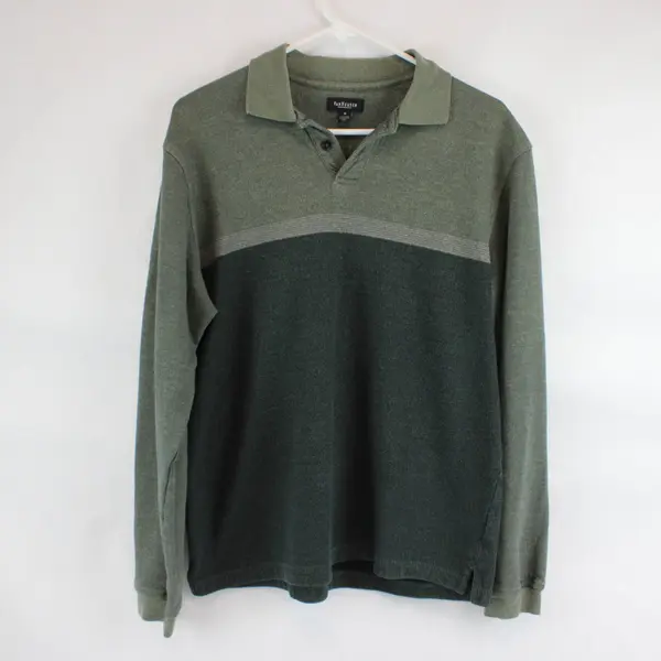 Vtg 90s Van Heusen Men's M Green Striped Long Sleeve Polo Shirt 