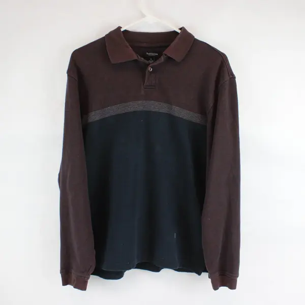 Vtg 90s Van Heusen Men's M Brown/Black/Gray Striped Long Sleeve Polo