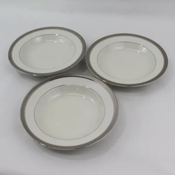 Lot of 3 Mikasa Palatial Platinum 8.25" Wide Rimmed Fine China Soup Bowls