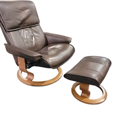 Ekornes Brown Leather Recliner Chair Ottoman Set Bentwood - Freight/Local Pickup