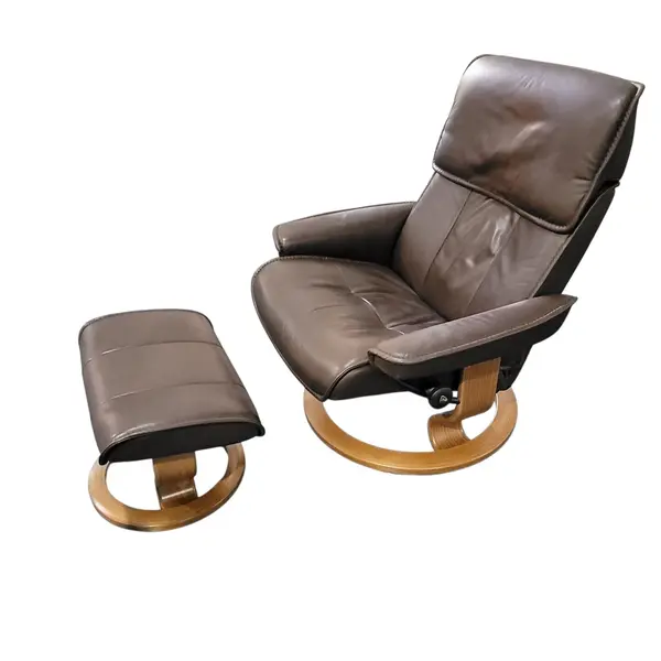 Ekornes Brown Leather Recliner Chair Ottoman Set Bentwood - Freight/Local Pickup