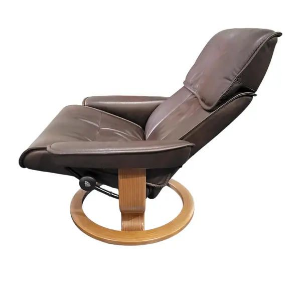 Ekornes Brown Leather Recliner Chair Ottoman Set Bentwood - Freight/Local Pickup