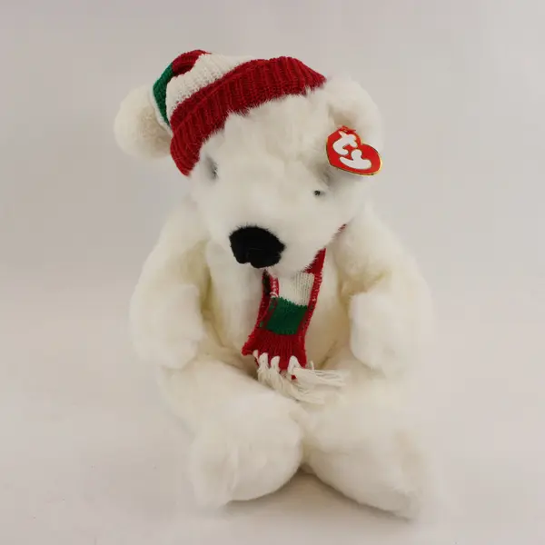 Original TY Inc 1997 White Holiday Bear Plush Red Green Hat Scarf Retired