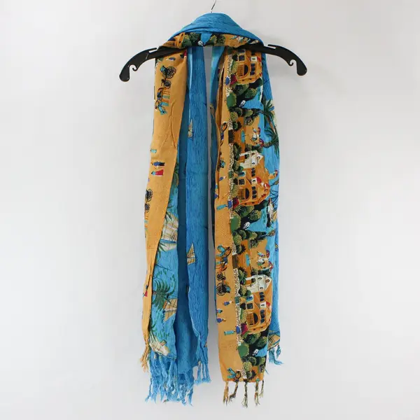 Nautical Coastal Village Sailboat Scene Fringed Scarf Wrap 44" x 65"