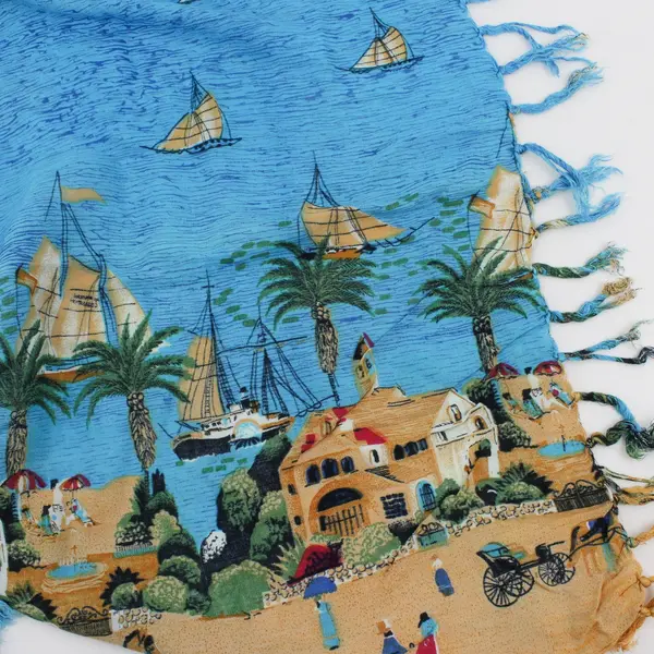 Nautical Coastal Village Sailboat Scene Fringed Scarf Wrap 44" x 65"