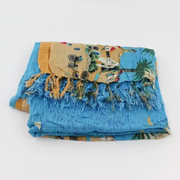 Nautical Coastal Village Sailboat Scene Fringed Scarf Wrap 44" x 65"