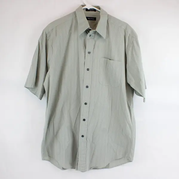 Nautica Sage Green and White Striped Short-Sleeved Button-Up Men's 16 FLAWED