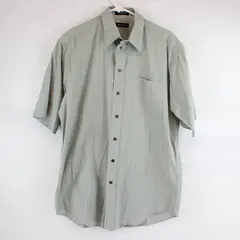 Nautica Sage Green and White Striped Short-Sleeved Button-Up Men's 16 FLAWED