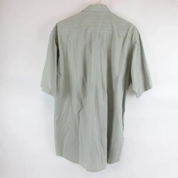Nautica Sage Green and White Striped Short-Sleeved Button-Up Men's 16 FLAWED