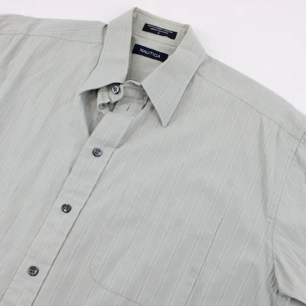 Nautica Sage Green and White Striped Short-Sleeved Button-Up Men's 16 FLAWED