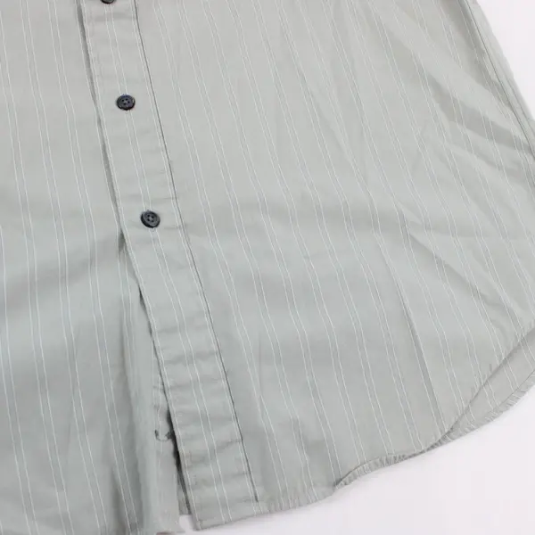 Nautica Sage Green and White Striped Short-Sleeved Button-Up Men's 16 FLAWED