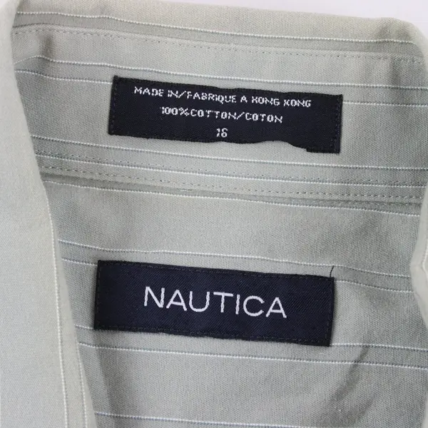 Nautica Sage Green and White Striped Short-Sleeved Button-Up Men's 16 FLAWED